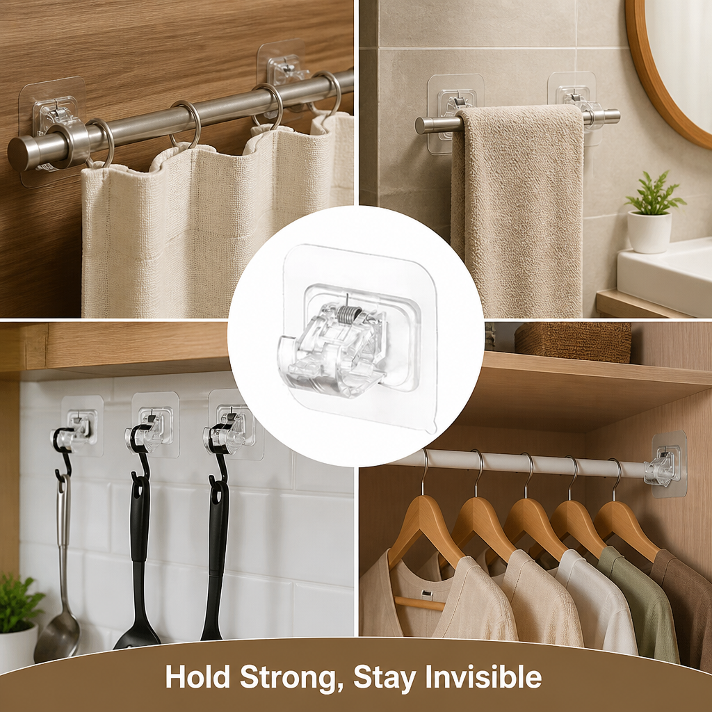 VeilaGrip™ Transparent Hanging Rod Clips — Hold Heavy, Stay Invisible, Stress-Free Elegance
