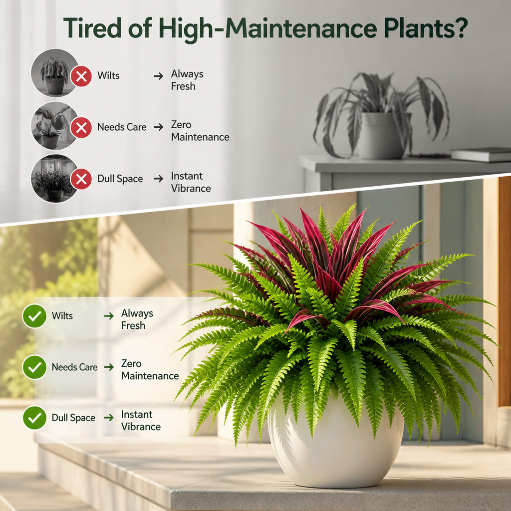 VitaLeaf™ Artificial Fern & Red Dracaena Plants — Bring Vibrant, Carefree Green Life Into Every Space