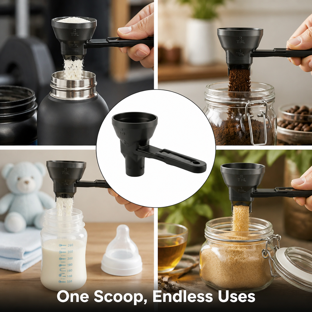 Scoopella™ — Pour Protein and Coffee Without Spilling a Single Scoop