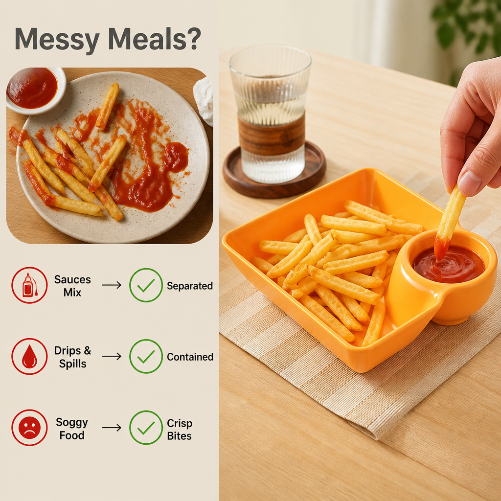 FlavoNest™ 2-in-1 Dip Plate — Keep Every Bite Crisp, Sauces Perfect, and Mealtime Mess-Free