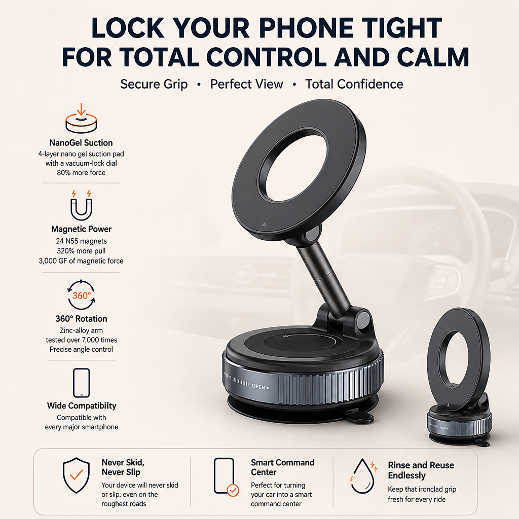 Ramzevo™ NanoGrip Magnetic Mount — Lock Your Phone Tight for Total Control and Calm