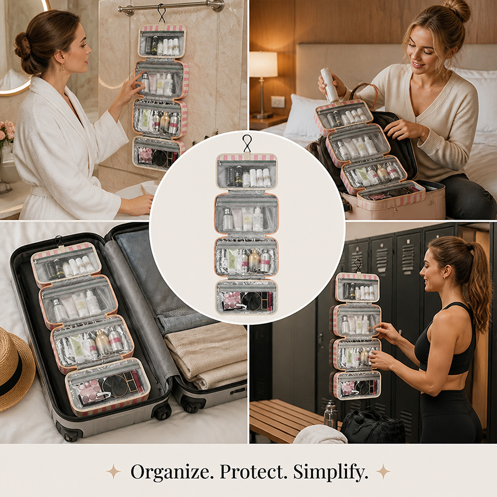 LumaTote™ Striped Hanging Toiletry Bag — Stay Effortlessly Organized and Travel Calm, Confident, and Spill-Free