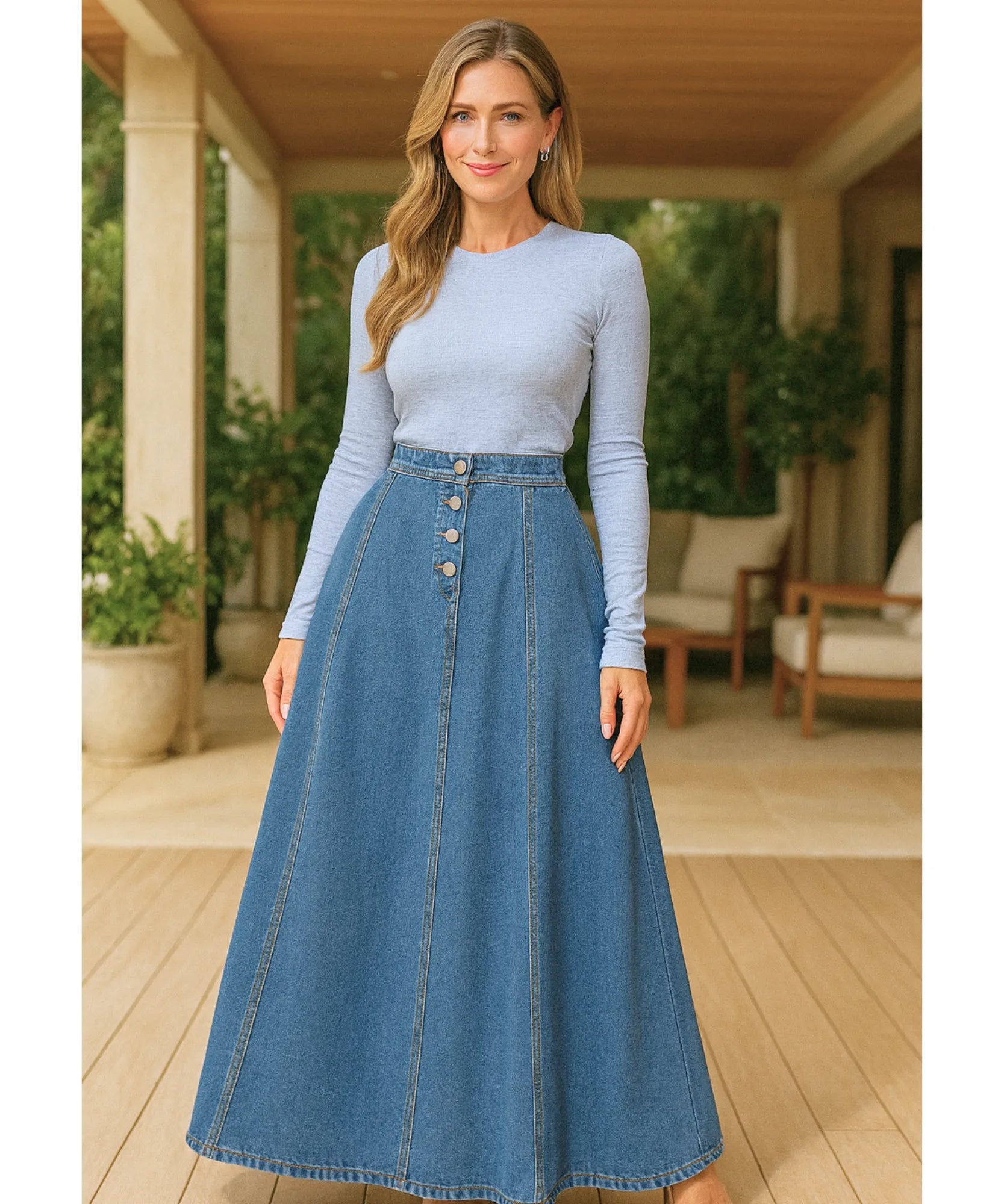 ValenciaLine™ Denim Maxi Skirt — Sculpt Your Curves and Own Every Room with Effortless Grace