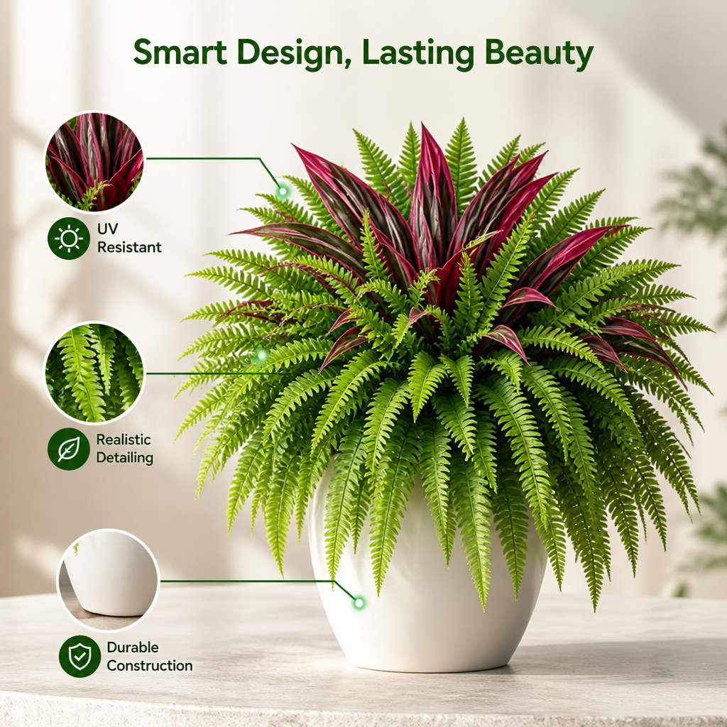 VitaLeaf™ Artificial Fern & Red Dracaena Plants — Bring Vibrant, Carefree Green Life Into Every Space