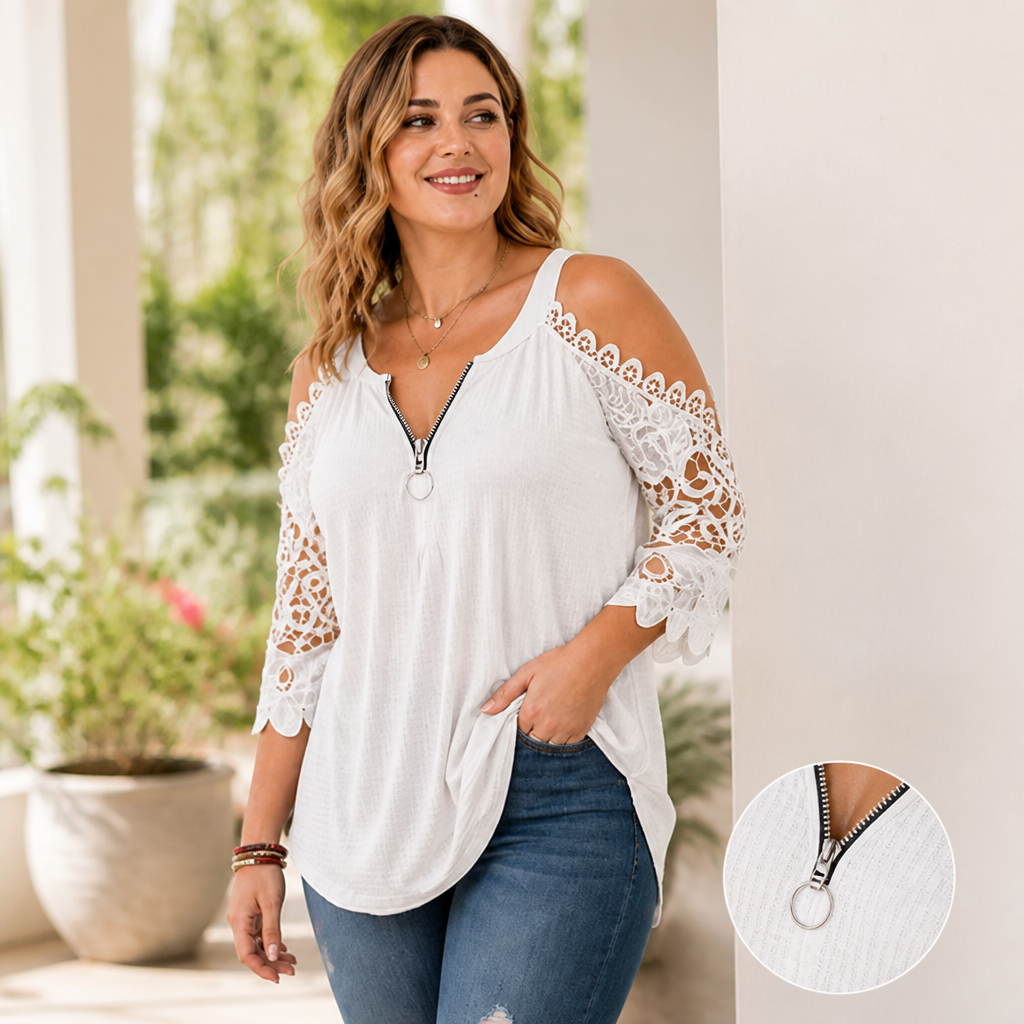 SeraphaSilk™ Lace Cold Shoulder Top — Own Every Room with Effortless Elegance and Confidence