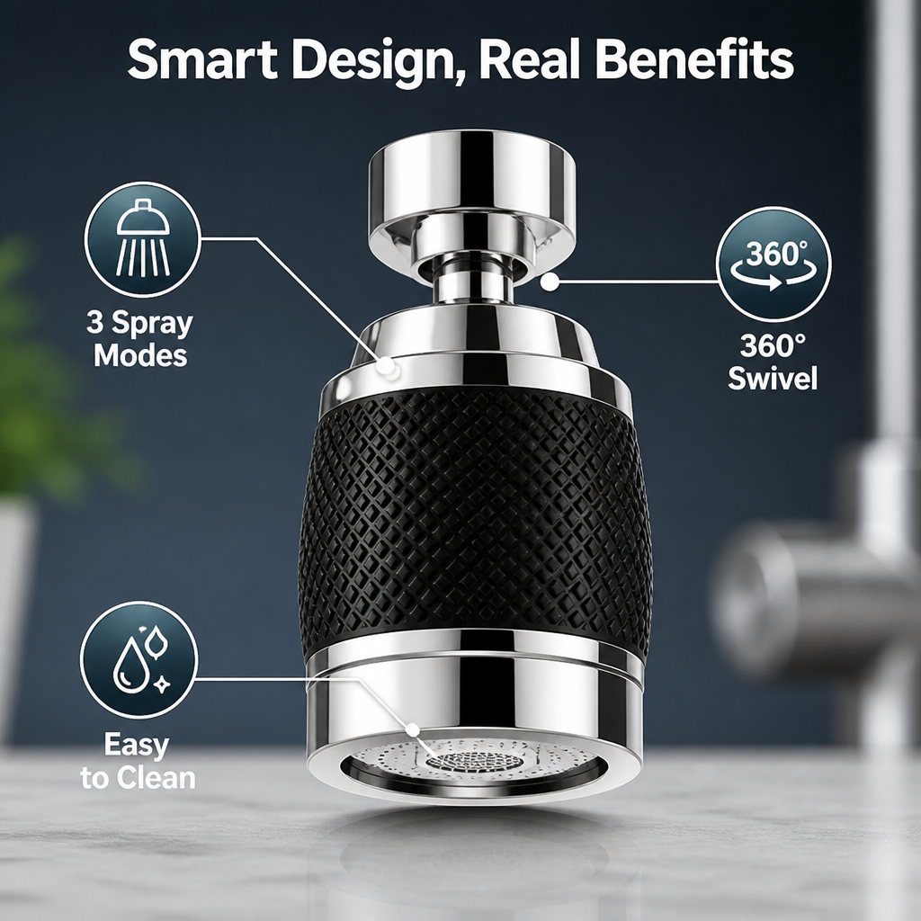 AquaPulse™ 3-Mode Faucet Aerator — Master Your Kitchen with Effortless Precision and Splash-Free Power