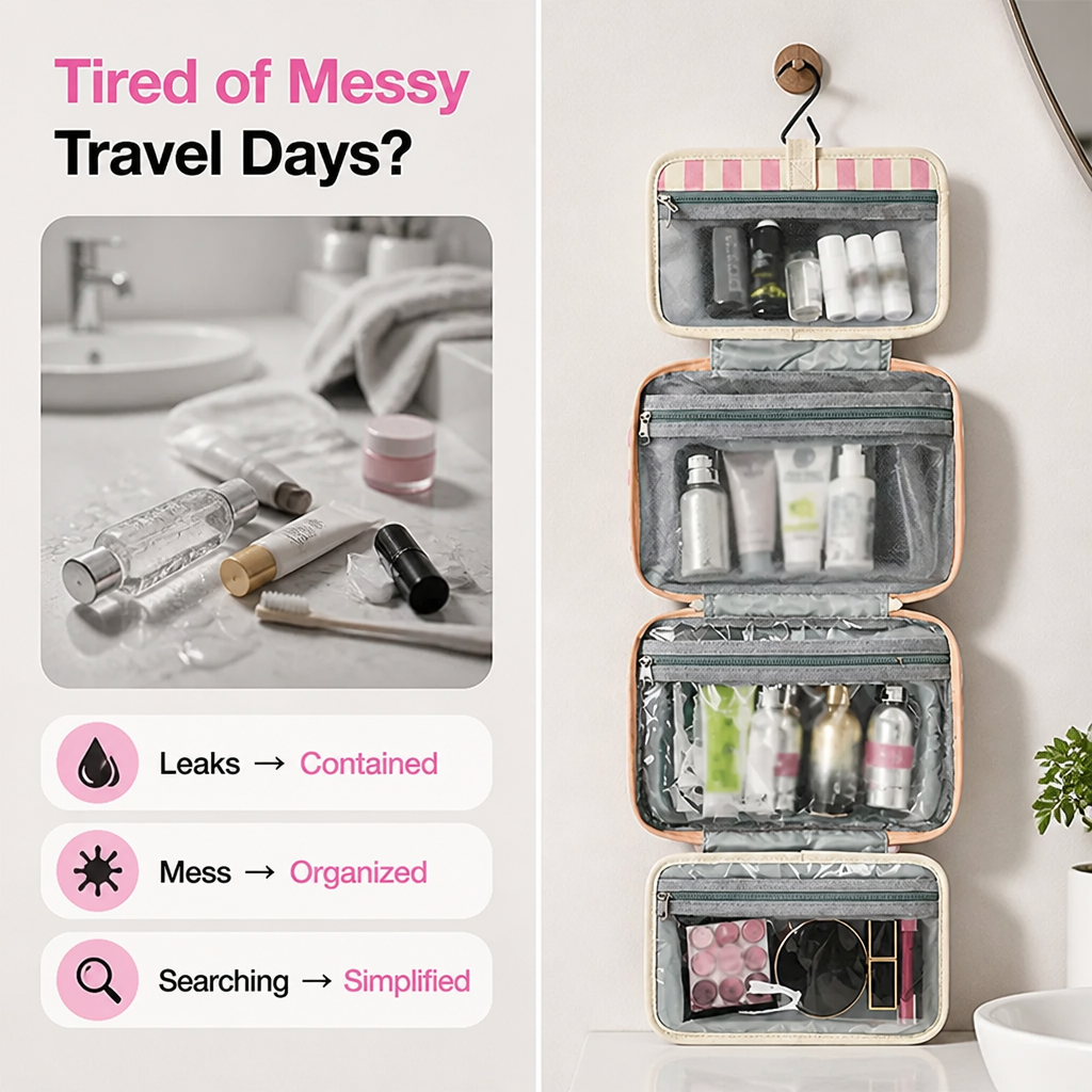 LumaTote™ Striped Hanging Toiletry Bag — Stay Effortlessly Organized and Travel Calm, Confident, and Spill-Free