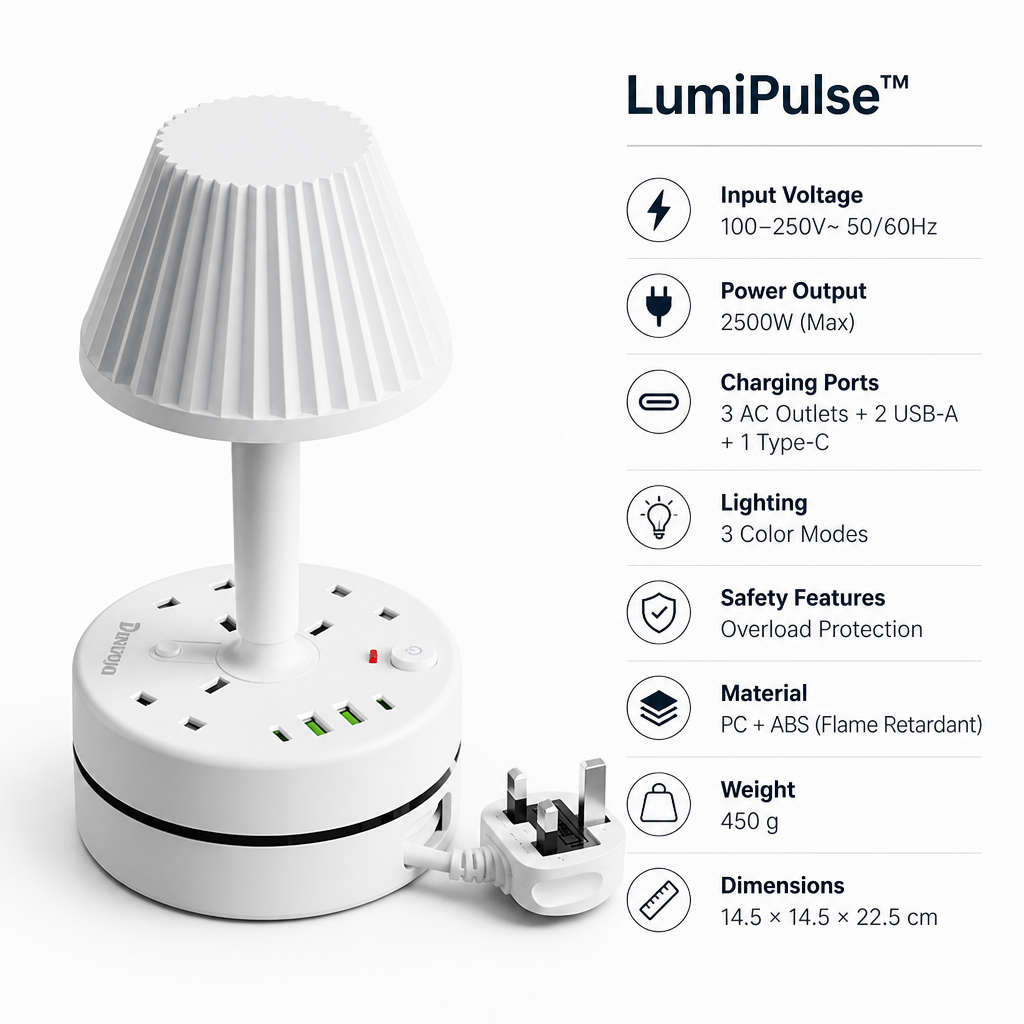 LumiPulse™ — Wake Up to Clutter-Free Power and Soothing Light Every Night