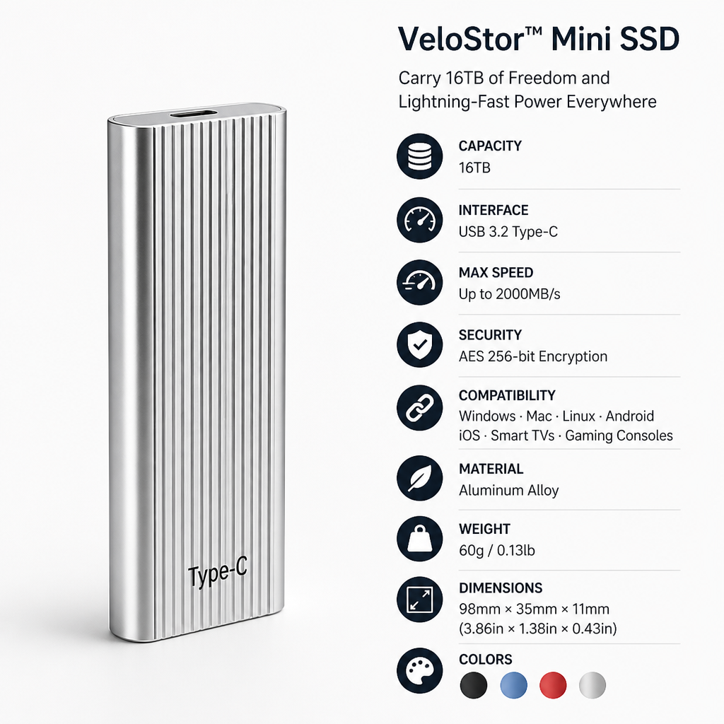 VeloStor™ Mini SSD — Carry 16TB of Freedom and Lightning-Fast Power Everywhere