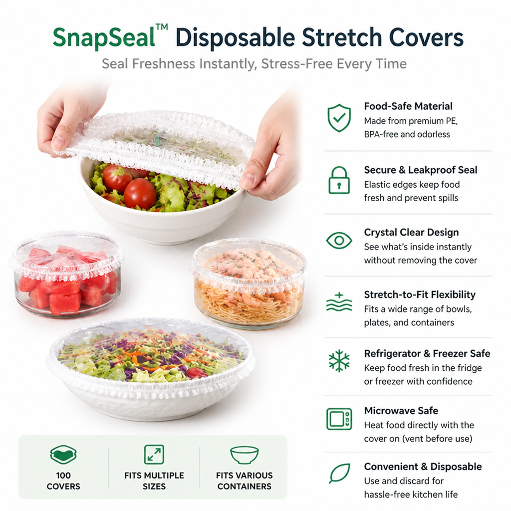 SnapSeal™ Disposable Stretch Covers — Seal Freshness Instantly, Stress-Free Every Time