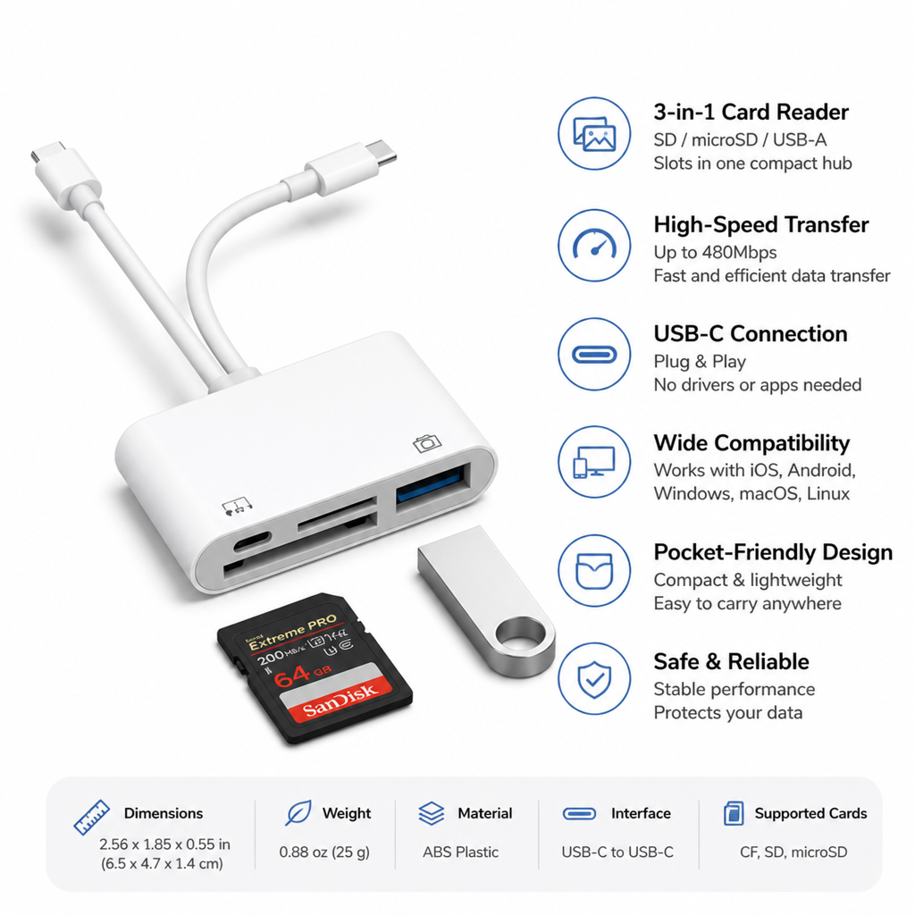 SnapSwift™ 3-in-1 USB-C Card Reader — Instantly Unlock Your Photos and Freedom from Waiting
