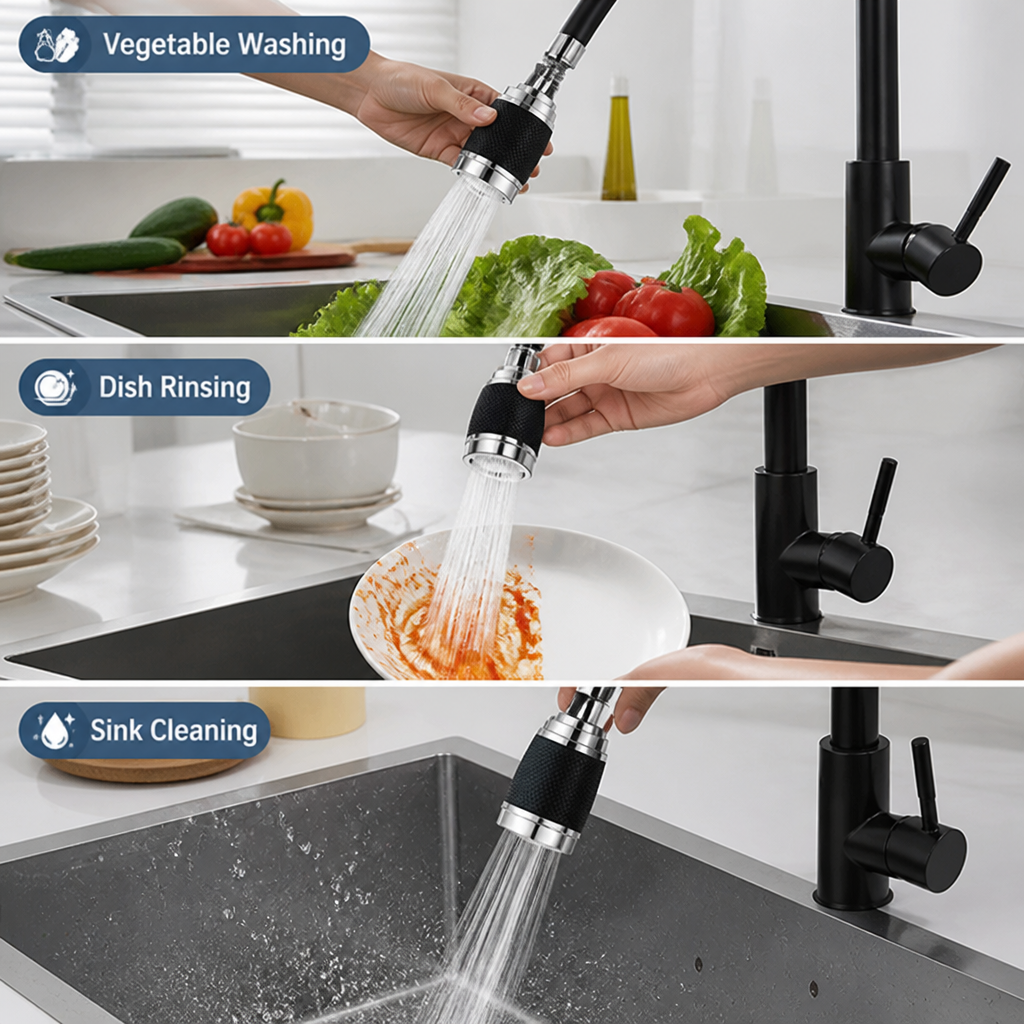 AquaPulse™ 3-Mode Faucet Aerator — Master Your Kitchen with Effortless Precision and Splash-Free Power
