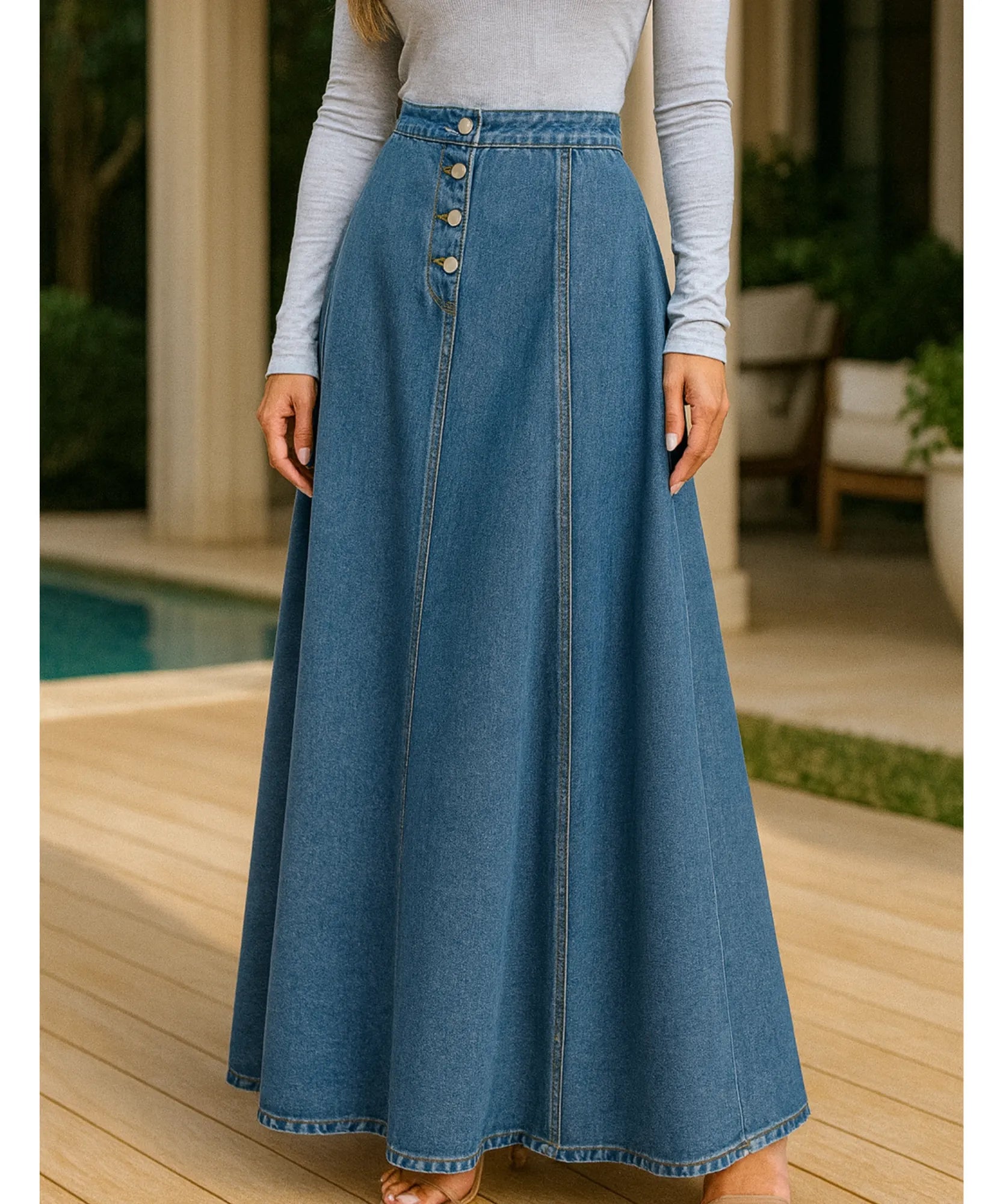 ValenciaLine™ Denim Maxi Skirt — Sculpt Your Curves and Own Every Room with Effortless Grace