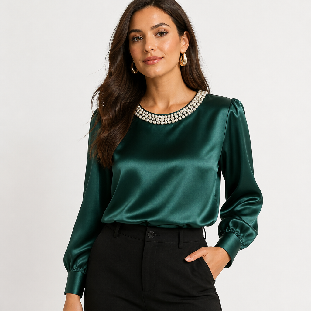 Lunavelle™ Pearl Satin Blouse — Own Every Room with Silky Radiance and Timeless Elegance