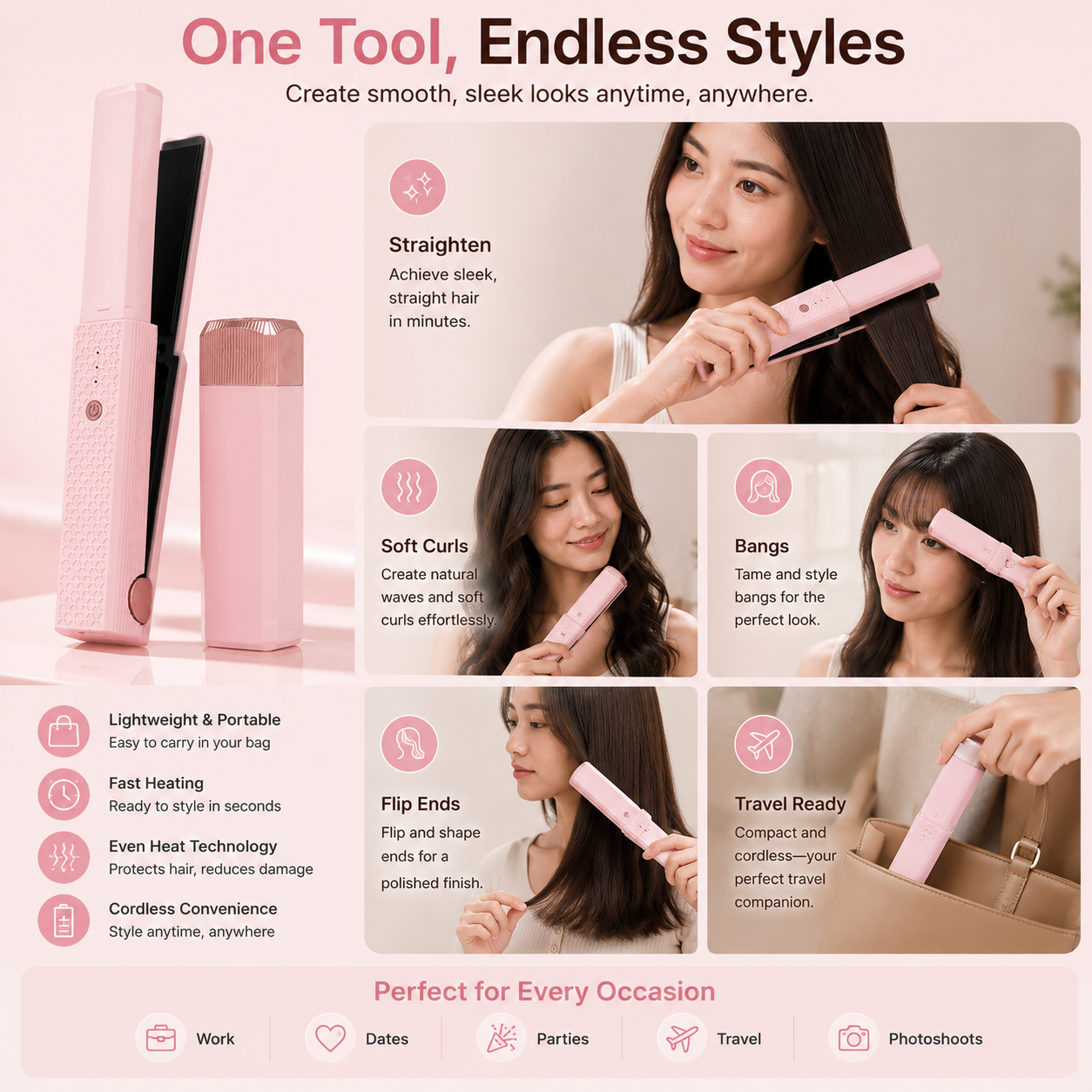 VayaGlide™ Mini Straightener — Pocket-Sized Power for Flawless Hair Anytime, Anywhere