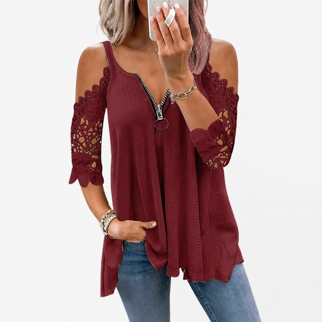 SeraphaSilk™ Lace Cold Shoulder Top — Own Every Room with Effortless Elegance and Confidence