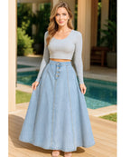 ValenciaLine™ Denim Maxi Skirt — Sculpt Your Curves and Own Every Room with Effortless Grace