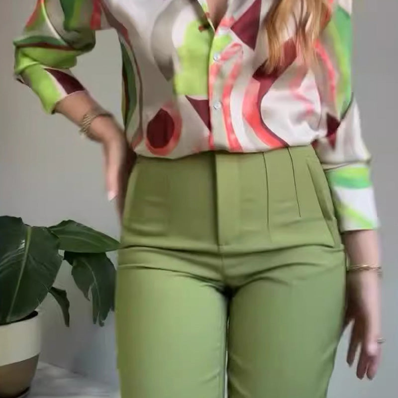 2-piece set of printed shirt and button-up pants for women