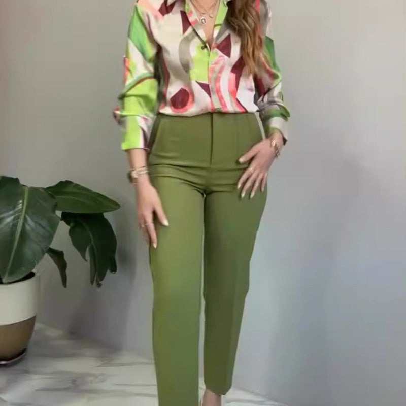 2-piece set of printed shirt and button-up pants for women