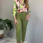 2-piece set of printed shirt and button-up pants for women