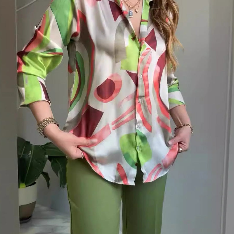 2-piece set of printed shirt and button-up pants for women