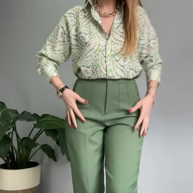 2-piece set of printed shirt and button-up pants for women
