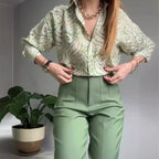 2-piece set of printed shirt and button-up pants for women
