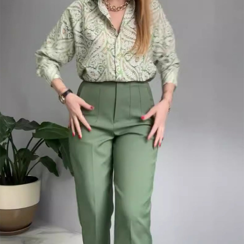 2-piece set of printed shirt and button-up pants for women