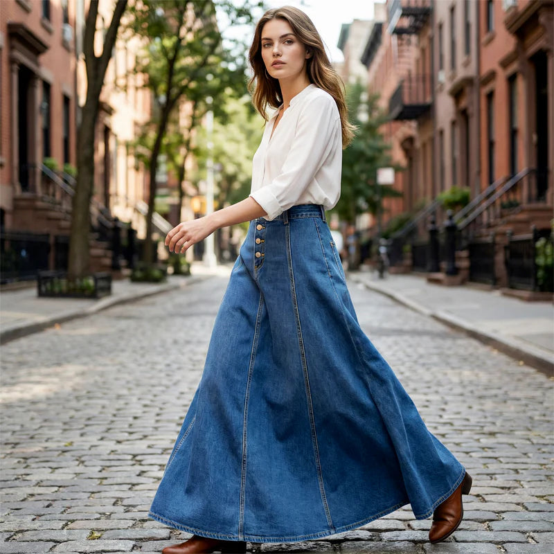 ValenciaLine™ Denim Maxi Skirt — Sculpt Your Curves and Own Every Room with Effortless Grace